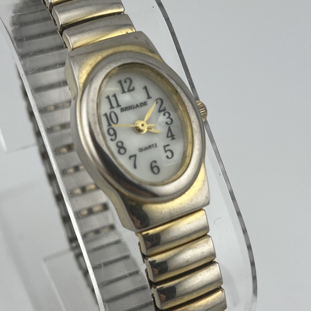 Vintage Brigade Watch Women 18mm Gold Case Pearl Dial Stretch Band- New Battery‎